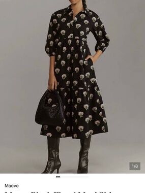 Anthropologie- Maeve-Black Floral Midi Dress with Pink & Green Bloom Print